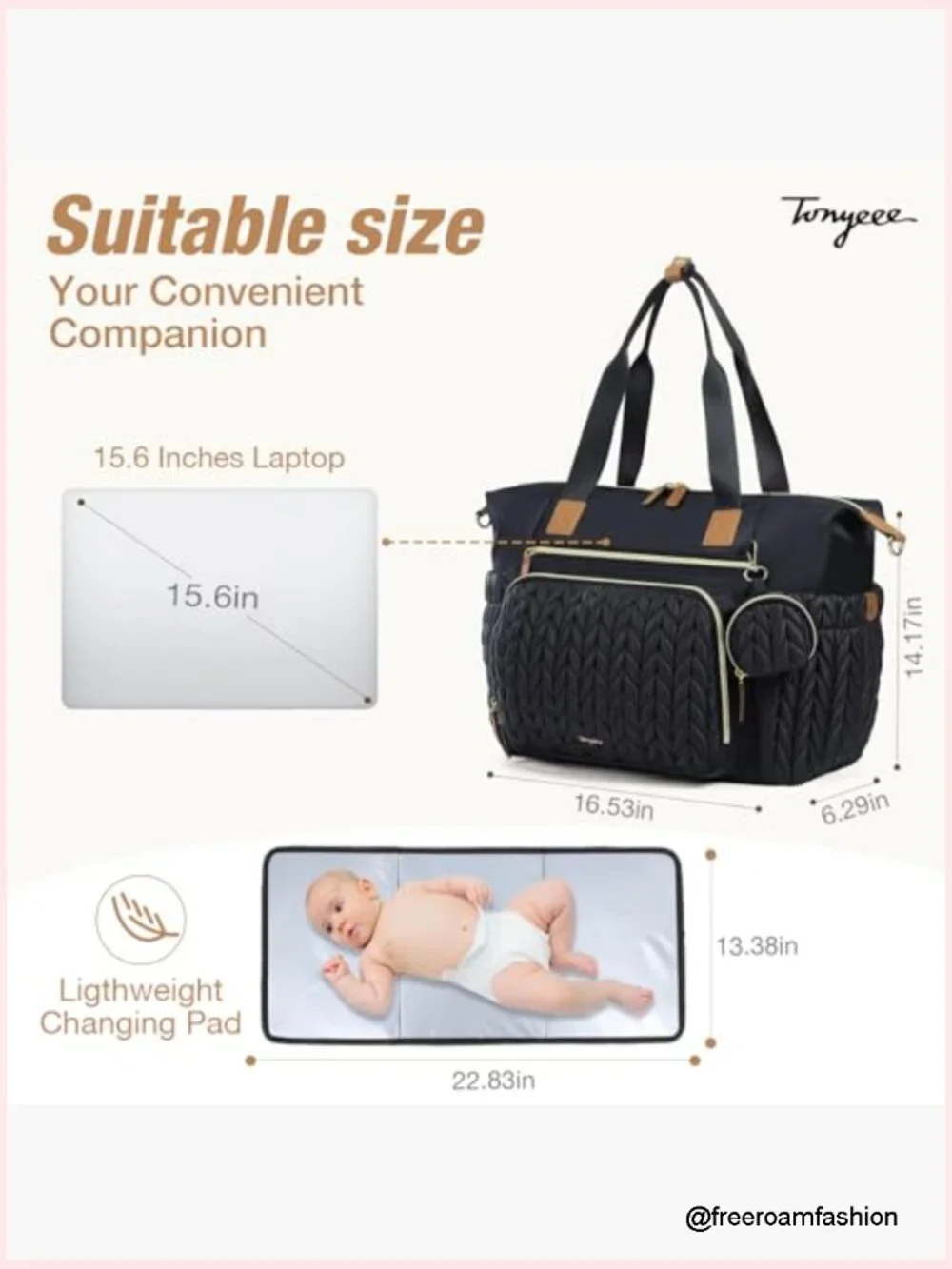 Large Diaper Bag Tote, Waterproof, Hospital Bag, Travel Tote with Changing Pad,